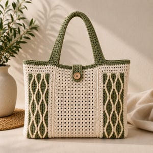 May include: A crochet tote bag featuring a cream-coloured square grid pattern in the centre, flanked by vertical panels of olive green and cream wave-like stitching. The bag has olive green handles and a single wooden button closure at the top.