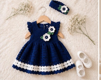 Navy Blue Crochet Baby Dress Pattern | Flower Girl, Toddler (Digital Download)