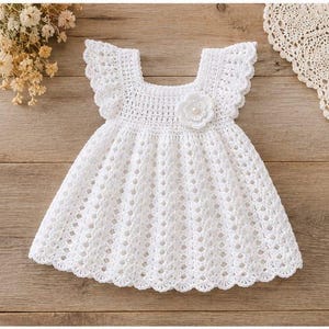 White Crochet Baby Dress Pattern | Lace Flutter Sleeve Christening Gown (PDF Download)