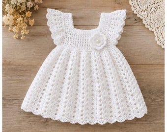 White Crochet Baby Dress Pattern | Lace Flutter Sleeve Christening Gown (PDF Download)