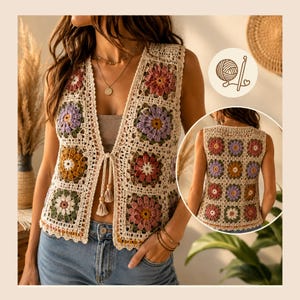 May include: A sleeveless crochet vest featuring a cream-colored base with multi-colored floral granny square motifs in shades of lavender, mustard yellow, and dusty rose. The vest has a front tie closure with tassels and a V-neckline.