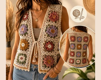 Floral Granny Square Vest Crochet Pattern PDF | Boho Flower Vest | Digital Download XS-XL