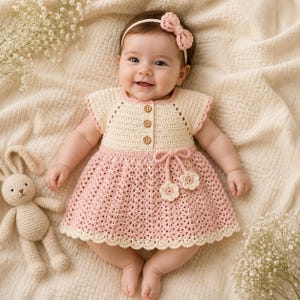Puede incluir: Un vestido de bebé de ganchillo con cuerpo color crema, tres botones marrones y falda rosa claro con dobladillo festoneado. El vestido incluye una diadema rosa a juego con un lazo pequeño y un lazo decorativo con dos flores.