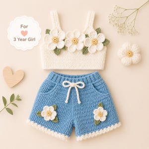 Mönster för virkat set med Daisy Girl-mönster | 3T Crop Top, Shorts | Sommaroutfit (PDF-nedladdning)