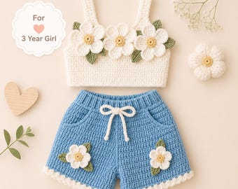 Patrón de conjunto de ganchillo Daisy para niña / Top corto, pantalones cortos (talla 3T) / Conjunto de verano (descarga en PDF)