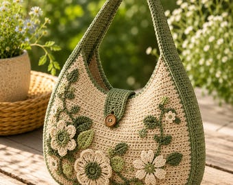 Mönster för virkad blommig väska i PDF-format | Cottagecore Hobo-väska | Mönster för bohemisk blommig tygkasse