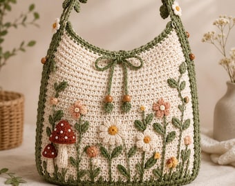 Haakpatroon voor een tas met paddenstoelenmotief (PDF) | Cottagecore Daisy Hobo Bag | Digitale download