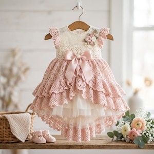 May include: A handmade, ivory and pink crochet dress for a baby or toddler, hanging on a wooden hanger. The dress features a tiered skirt, a large bow, and floral embellishments. Matching crochet baby shoes are next to the dress. The dress is a beautiful example of handcrafted baby clothing.