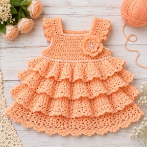 May include: A peach-colored sleeveless dress made of crocheted yarn, featuring a square neckline, ruffled shoulder straps, and three tiered layers of scalloped crochet trim. A large crocheted flower with a pearl center adorns the upper bodice.