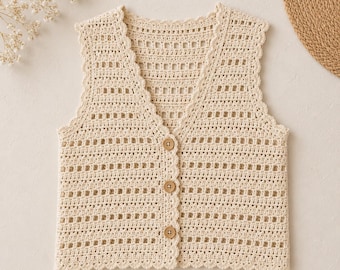 Scalloped Crochet Vest Pattern PDF | Button Up Lace Waistcoat | Boho Summer Top XS-XL