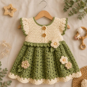 Può includere: Un abito all'uncinetto con un corpetto color crema con due bottoni marroni e maniche a volant, abbinato a una gonna verde salvia. La gonna è decorata con tre fiori all'uncinetto color crema e beige con foglie e un orlo smerlato color crema.