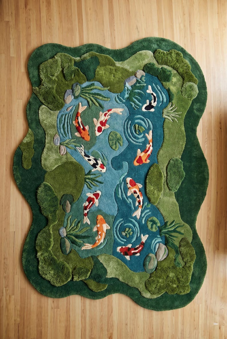 May include: A unique, handcrafted rug depicting a koi pond scene. The rug features a blue pond with orange, white, and black koi fish, surrounded by green and darker green textured areas representing foliage. The rug's shape is irregular, mirroring the pond's outline.