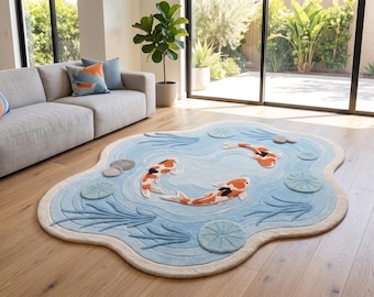 Koi Fish Pond Hand Tufted Wool Rug - Aesthetic Japanese Wave Irregular Shaped Carpet for Living Room Decor, Coastal Boho Animal Area Rug