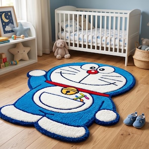 Doraemon Tufted Rug, Handmade Wool Anime Area Rug for Nursery Decor, Blue Cat Kids Room Floor Mat, Unique Soft Hand Tufted Rug