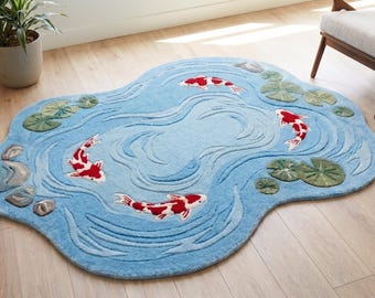 Hand Tufted Koi Fish Pond Rug, 100% Wool irregular Shaped Area Rug for Nursery or Unique Living Room Decor, Zen Garden Large Floor Carpet