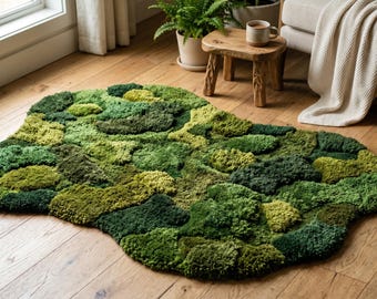 3D Moss Forest Rug, Hand Tufted Wool Area Carpet for Biophilic Home Decor, Lush Green Nature Inspired Rug, Unique Housewarming Gift Ideas