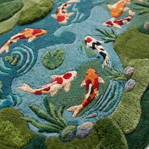 May include: A detailed rug featuring a pond scene with koi fish. The rug has a blue background with green and brown accents, and the koi fish are red, orange, and white. The rug is designed to resemble a pond with lily pads and rocks.