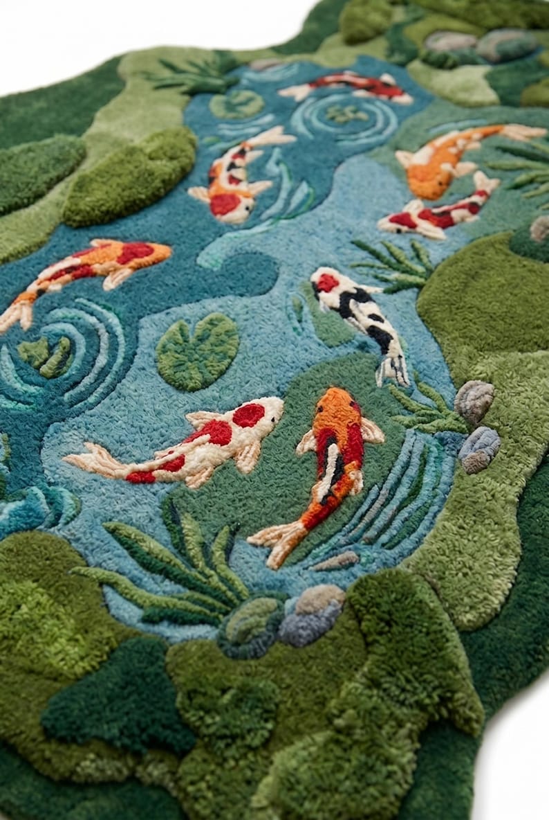 May include: A detailed rug featuring a pond scene with koi fish. The rug has a blue background with green and brown accents, and the koi fish are red, orange, and white. The rug is designed to resemble a pond with lily pads and rocks.