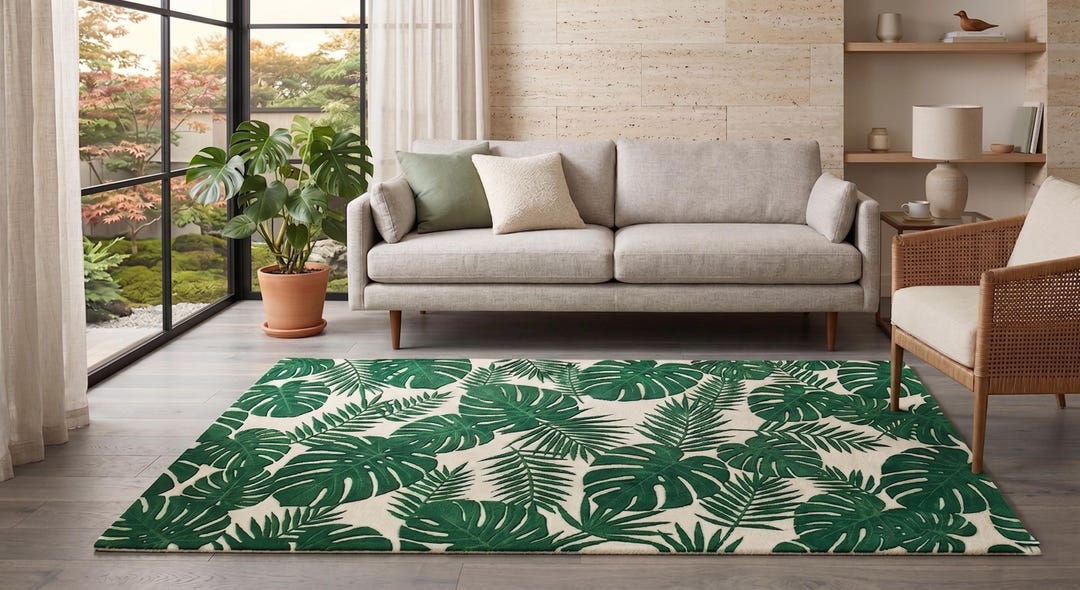 Palm Rug Tropical Monstera Palm Leaf Tufted Rug, Emerald Green Wool Carpet for ...