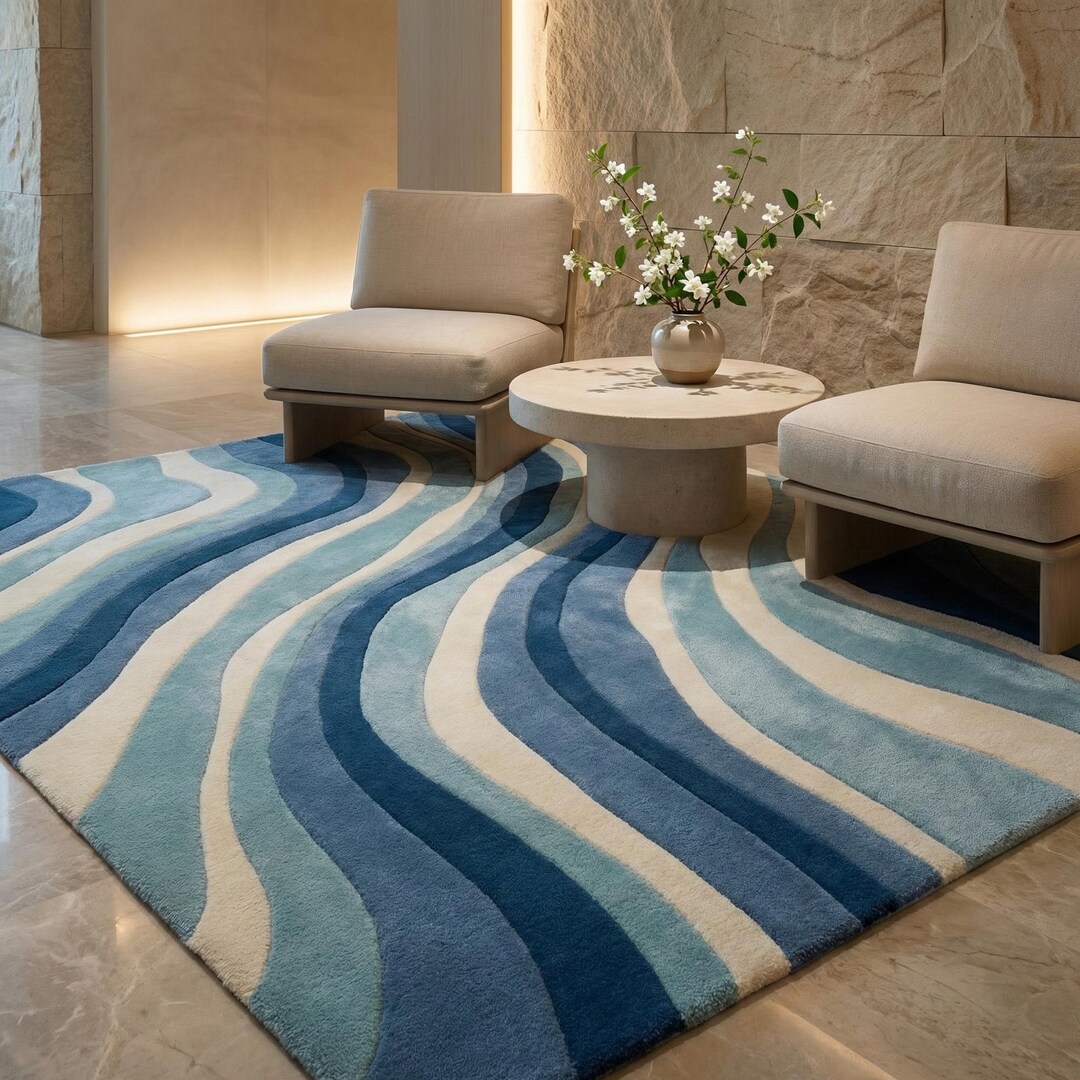 Blue Wavy Hand Tufted Wool Rug, Modern Ocean Wave Design Carpet for ...