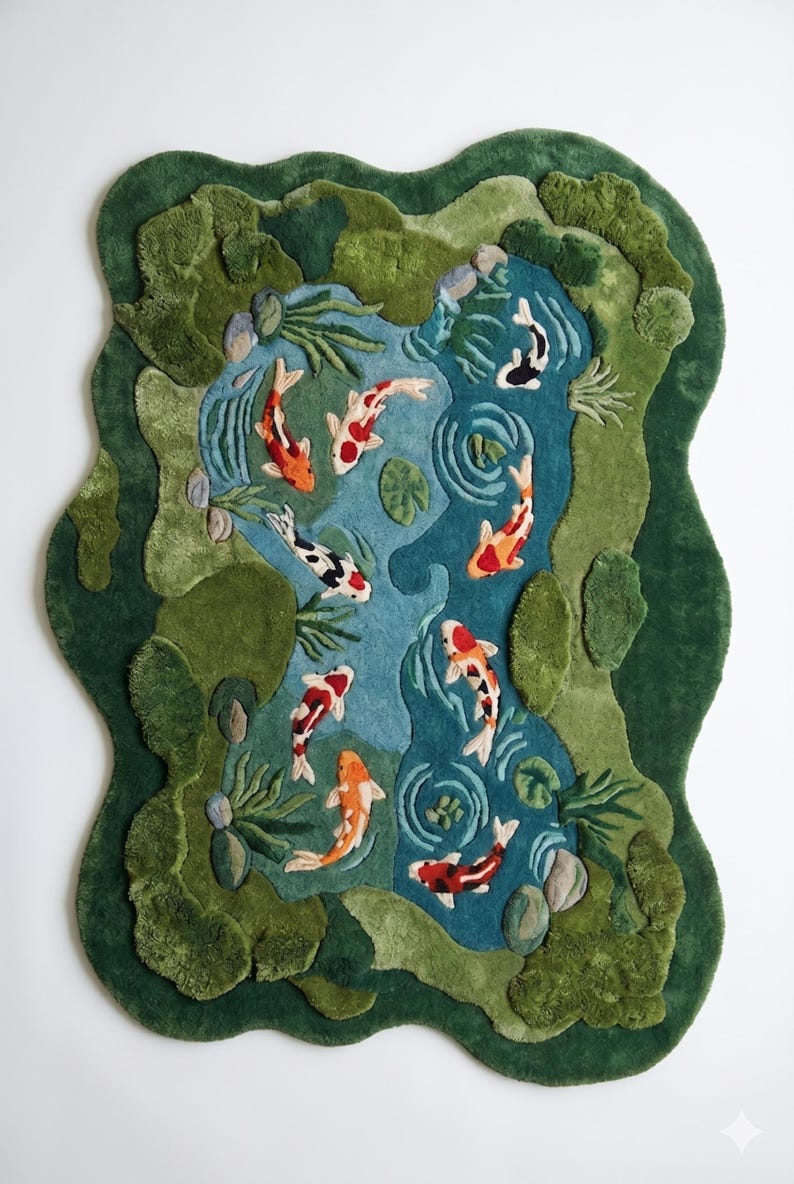 May include: A handcrafted rug depicting a koi pond scene. The rug features a blue pond with koi fish in shades of orange, red, black, and white. The pond is surrounded by green, textured foliage and rocks, creating a three-dimensional effect.