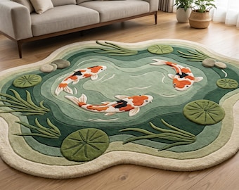 3D Koi Pond Hand Tufted Rug & Water Lily Green Area Rug - Unique Zen Nature Decor for Living Room, Nursery.