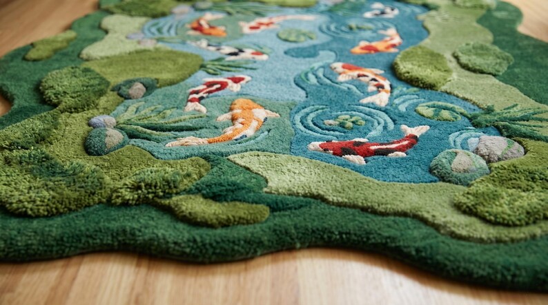 May include: A hand-tufted rug depicting a koi pond scene. The rug features a blue pond with orange, red, and black koi fish swimming among green lily pads and surrounding foliage. The rug is made of soft, textured material.