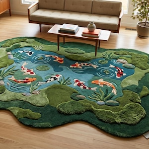 May include: A unique, hand-tufted area rug in a pond design. The rug features a blue pond with koi fish in shades of red, orange, black, and white, surrounded by green and mossy textures. This decorative rug adds a natural element to any living space.