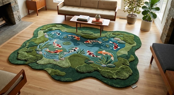 3D Koi Pond Hand Tufted Wool Rug, Irregular Moss and Water Nature Area Rug, Eclectic Zen Room Decor, Japanese Inspired Statement Carpet