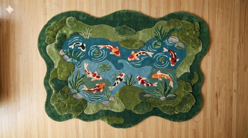 May include: A decorative rug featuring a pond scene with koi fish. The rug has a dark green border, with a blue pond area and colorful koi fish. The design includes water plants and rocks, creating a serene, nature-inspired aesthetic.