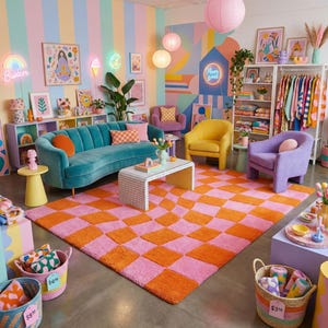 May include: A room interior featuring a teal velvet curved sofa, a yellow armchair, and a purple armchair. A checkered orange and pink rug sits on the floor. A white grid-patterned coffee table, various neon signs, wall art, and storage baskets are present.