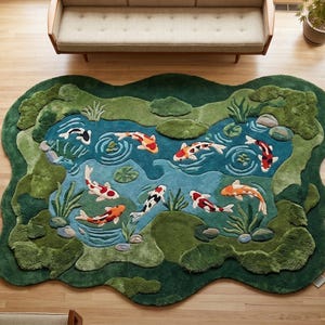 May include: A large, green, pond-shaped rug with a blue center, featuring koi fish in shades of orange, white, and black. The rug has a textured, three-dimensional design, with surrounding green foliage.