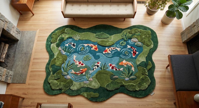 May include: A large, green, pond-shaped rug with a blue center, featuring koi fish in shades of orange, white, and black. The rug has a textured, three-dimensional design, with surrounding green foliage.