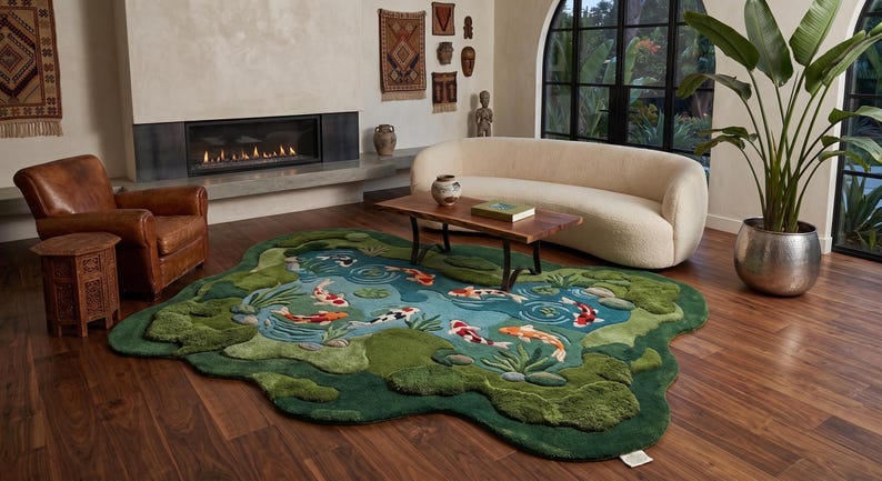 May include: A unique, handcrafted rug shaped like a pond, featuring koi fish in shades of orange, white, and black. The rug has a green border with textured details, creating a 3D effect. The rug is placed in a living room setting.