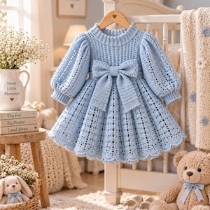 May include: A light blue long-sleeved dress featuring a ribbed knit bodice, puffed sleeves with ribbed cuffs, and a flared skirt with an intricate openwork crochet pattern. A large, matching fabric bow is centered at the waist of the dress.
