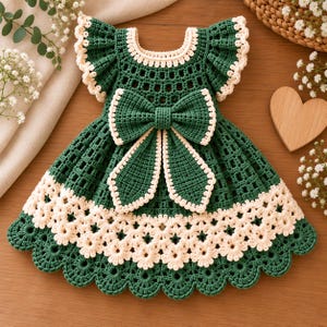 Pode incluir: Um vestido de crochê verde-escuro com um grande laço central, mangas com babados e uma borda de renda floral cor de creme na bainha. O corpete tem um padrão de grade e o decote é finalizado com uma borda de crochê cor de creme.