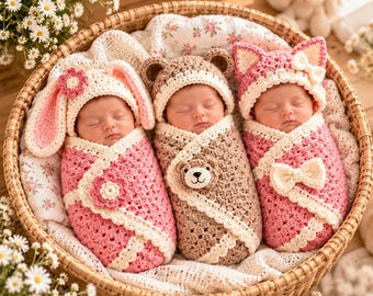 May include: Three infants sleeping in a woven basket, each wrapped in a crocheted swaddle. The left infant wears a pink bunny hat with ears, the center wears a brown bear hat with ears, and the right wears a pink cat hat with ears.