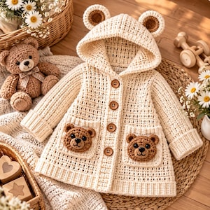 May include: A cream-coloured crocheted hooded cardigan featuring two brown bear-shaped pockets, a hood with bear ears, and four brown wooden buttons down the front. The garment is crafted with a textured grid stitch pattern and ribbed cuffs.
