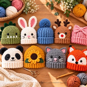 Op de afbeelding: Een collectie van negen kleurrijke gehaakte mutsen met diverse dieren- en bloemmotieven, waaronder een groene dinosaurus, een wit konijn, een blauwe muts met pompon, een bruin rendier, een roze muts met strik, een panda, een zonnebloem, een grijze kat en een oranje vossenmuts.