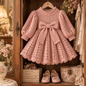 May include: A dusty pink long-sleeved knit dress featuring a ribbed bodice, puffed sleeves, and a large central bow at the waist. The skirt has a textured, open-work crochet pattern with a scalloped hemline, hanging on a wooden hanger.