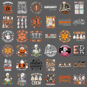 May include: A collection of thirty-five graphic designs featuring the text Emergency Department, ER, or Night Shift Team. The illustrations include skeletons, ghosts, pumpkins, medical symbols, and nursing caps in various colors and styles.