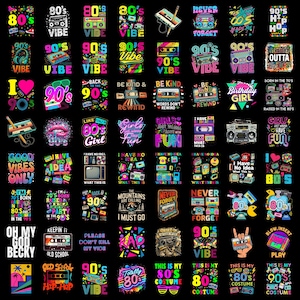 Puede incluir: Una colección de diseños gráficos coloridos sobre un fondo negro con temas de los años 80 y 90. Las imágenes incluyen casetes, radiocasetes, texto retro, patrones de neón y frases nostálgicas como 80s Vibe y 90s Vibe.