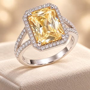 May include: A silver-toned ring featuring a large, rectangular, yellow center stone surrounded by a halo of small, clear, round stones. The band is split into two sections on each side, both encrusted with small, clear, round stones.