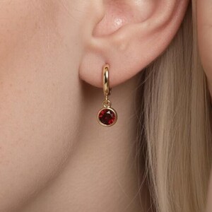 Gold Plated Brass Huggie Hoop Earrings, Deep Red Zirconia Dangles, Minimalist Romantic Jewelry