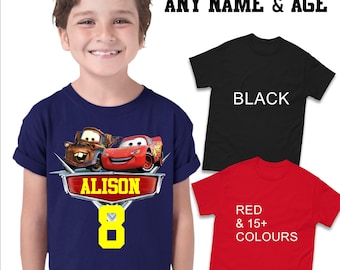 Personalised Kids Lightning McQueen T Shirt Custom Name & Age Birthday Gift