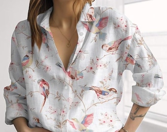 Blusa/camisa con estampado de pájaros botánicos, blusa informal abotonada para mujer.