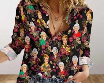 Gouden blouse meisjes, jaren 80 tv sitcom dames blouses, verblijf gouden knop shirt, vrienden blouse met lange mouwen, zomer tropisch casual shirt