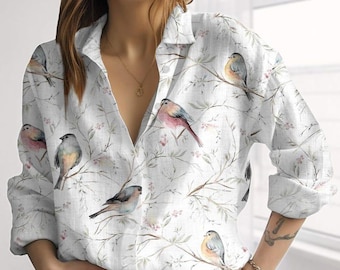 Camicetta con stampa di uccelli, camicia da giardino botanico, top estivo da donna per le vacanze.