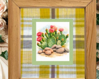 Stampa di cactus ad acquerello / Arte botanica del deserto / Cornice in legno rustico, decorazione per la casa in stile boho