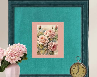 Decorazione murale floreale vintage con rose / Cornice in legno color verde acqua per la casa / Arte romantica in stile cottage / Da appendere